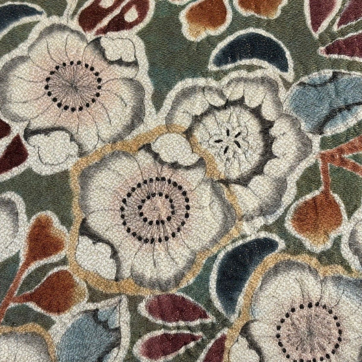 名古屋帯 落款 辻が花柄 金通し 絞り 鶯色 正絹