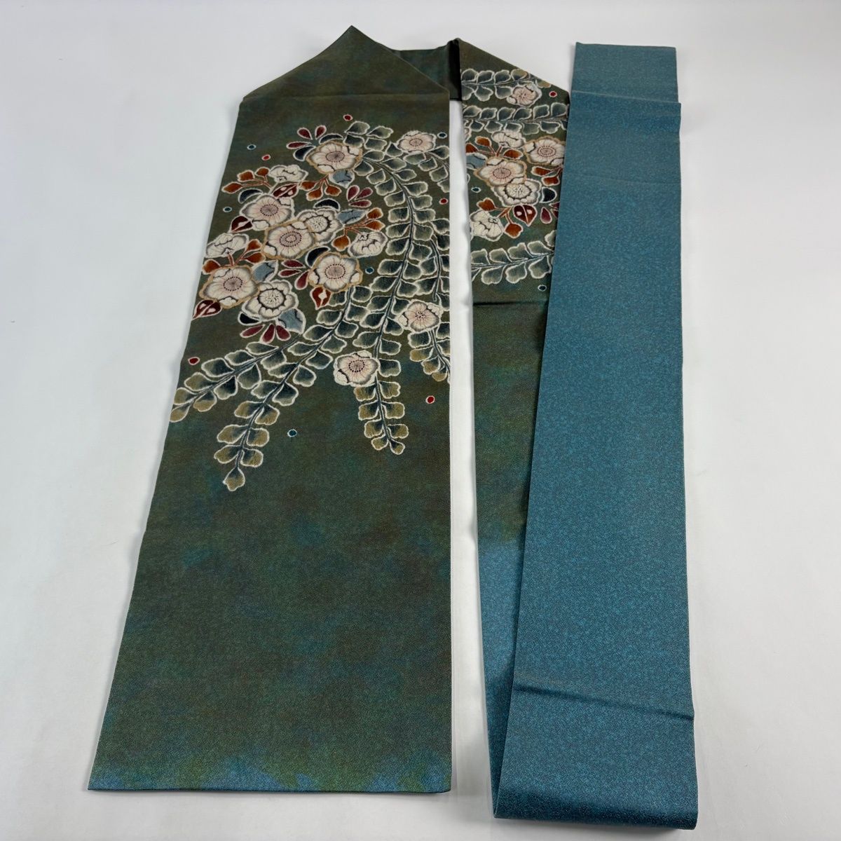 美品】 名古屋帯 名品 落款 辻が花柄 金通し 絞り 鶯色 正絹 【中古