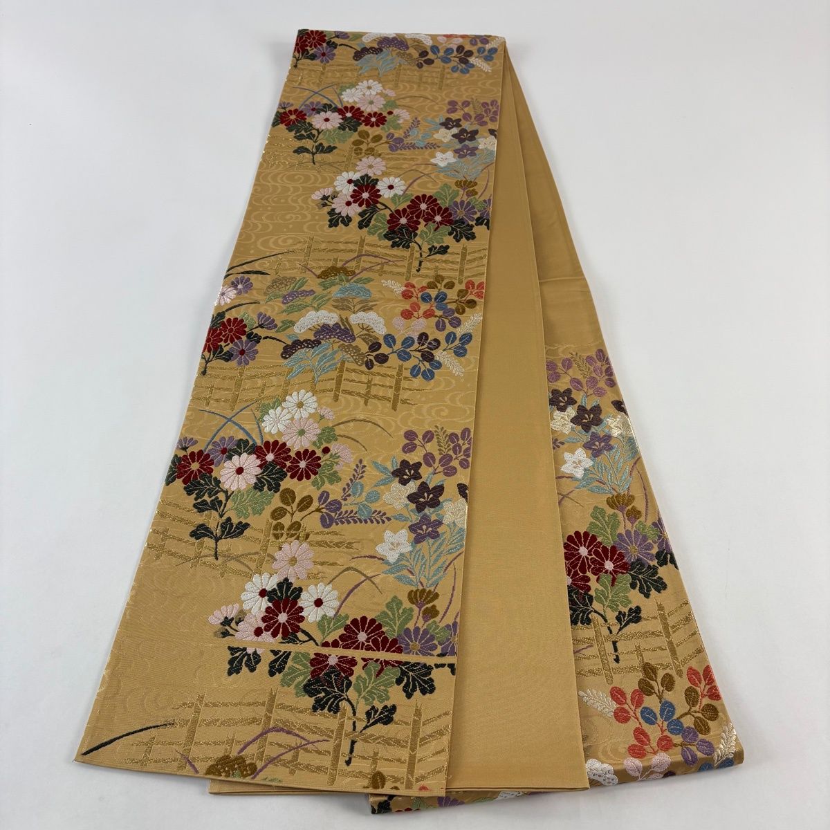 袋帯 名品 関西仕立て 秋草 観世水 唐織錦 金糸 薄茶色 六通 正絹