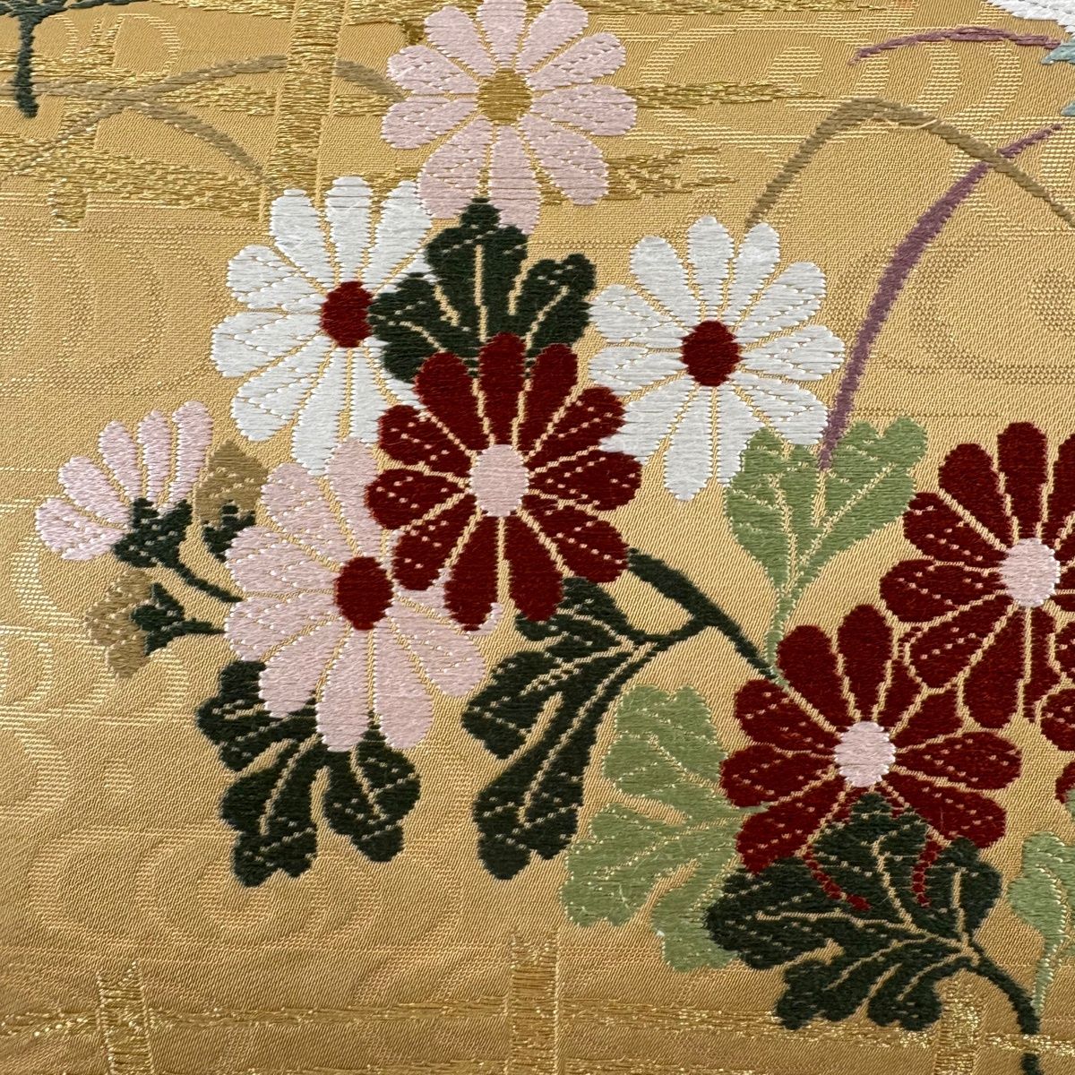 袋帯 名品 関西仕立て 秋草 観世水 唐織錦 金糸 薄茶色 六通 正絹