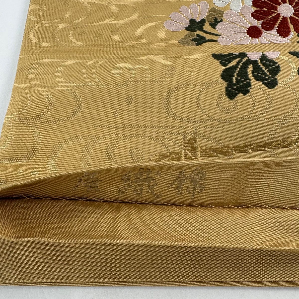 袋帯 名品 関西仕立て 秋草 観世水 唐織錦 金糸 薄茶色 六通 正絹