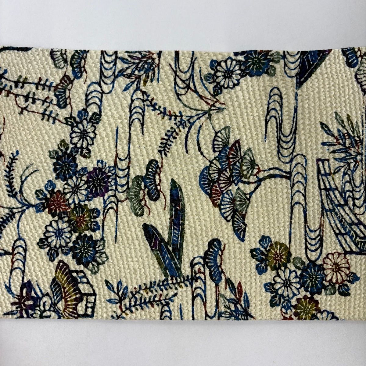  名古屋帯 家屋 草花 縮緬 クリーム 正絹 名古屋帯 帯