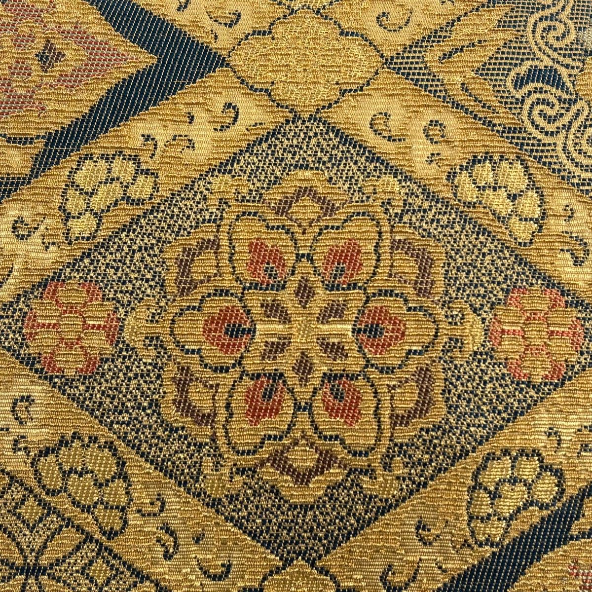 美品】 袋帯 名品 菱天井 花鳥 輪奈織 山吹茶色 お太鼓柄 正絹 【中古