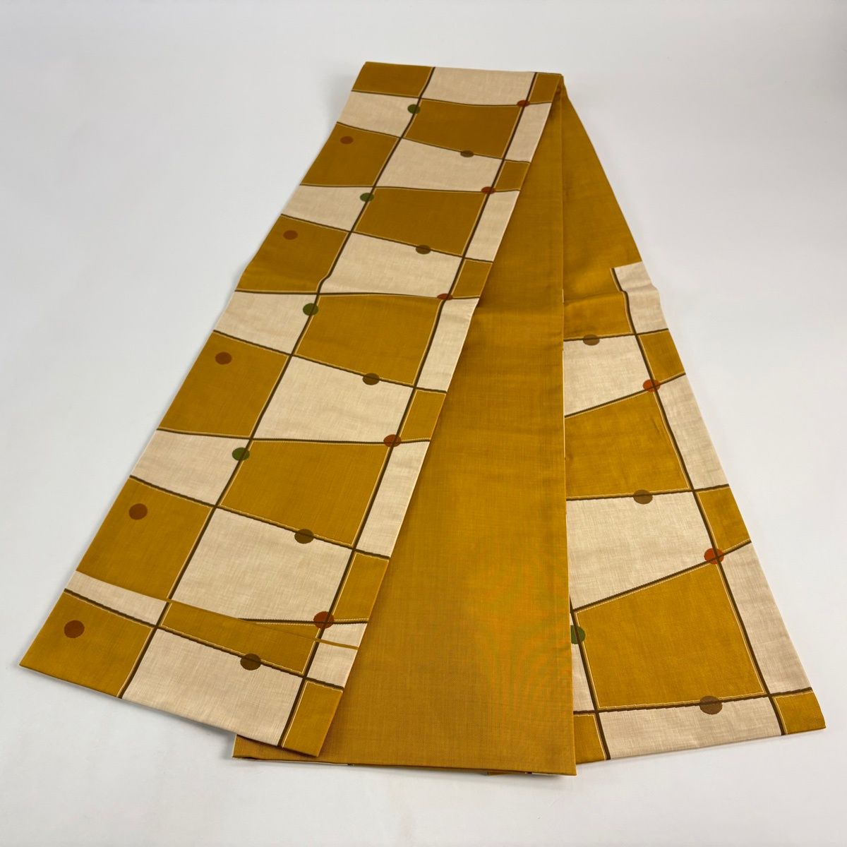 美品】 袋帯 名品 木屋太 落款 幾何学模様 山吹茶色 六通 正絹 【中古