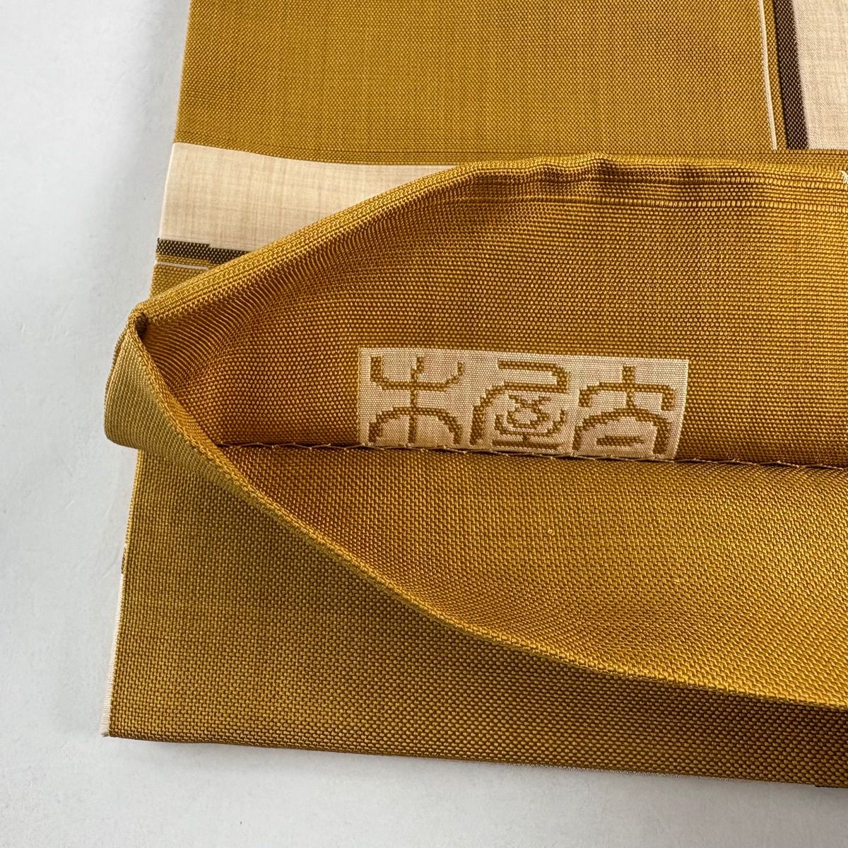 美品】 袋帯 名品 木屋太 落款 幾何学模様 山吹茶色 六通 正絹 【中古