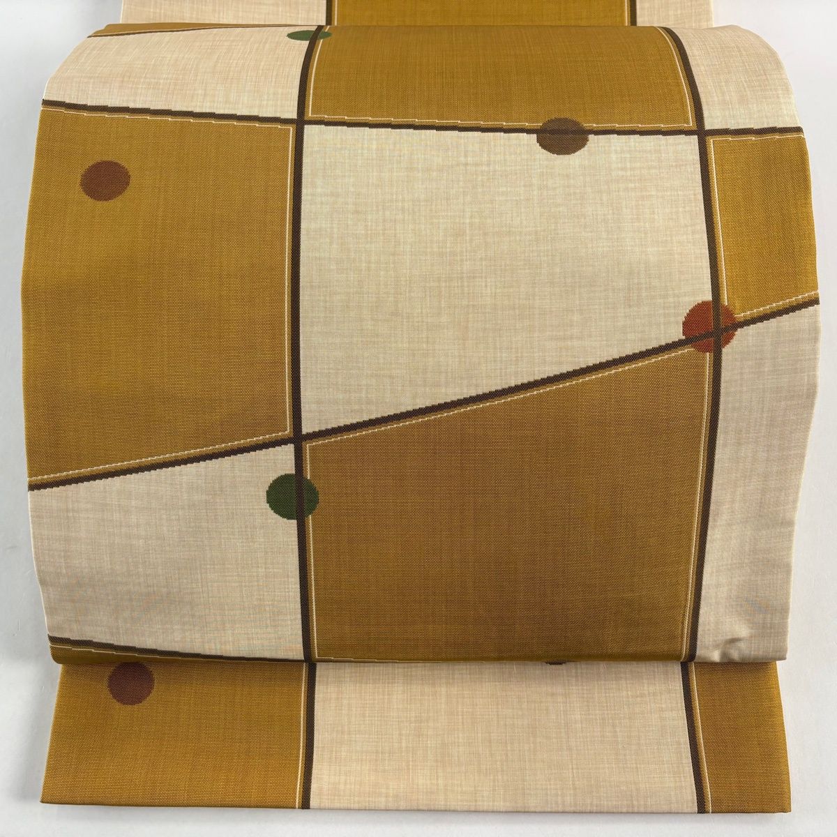 美品】 袋帯 名品 木屋太 落款 幾何学模様 山吹茶色 六通 正絹 【中古