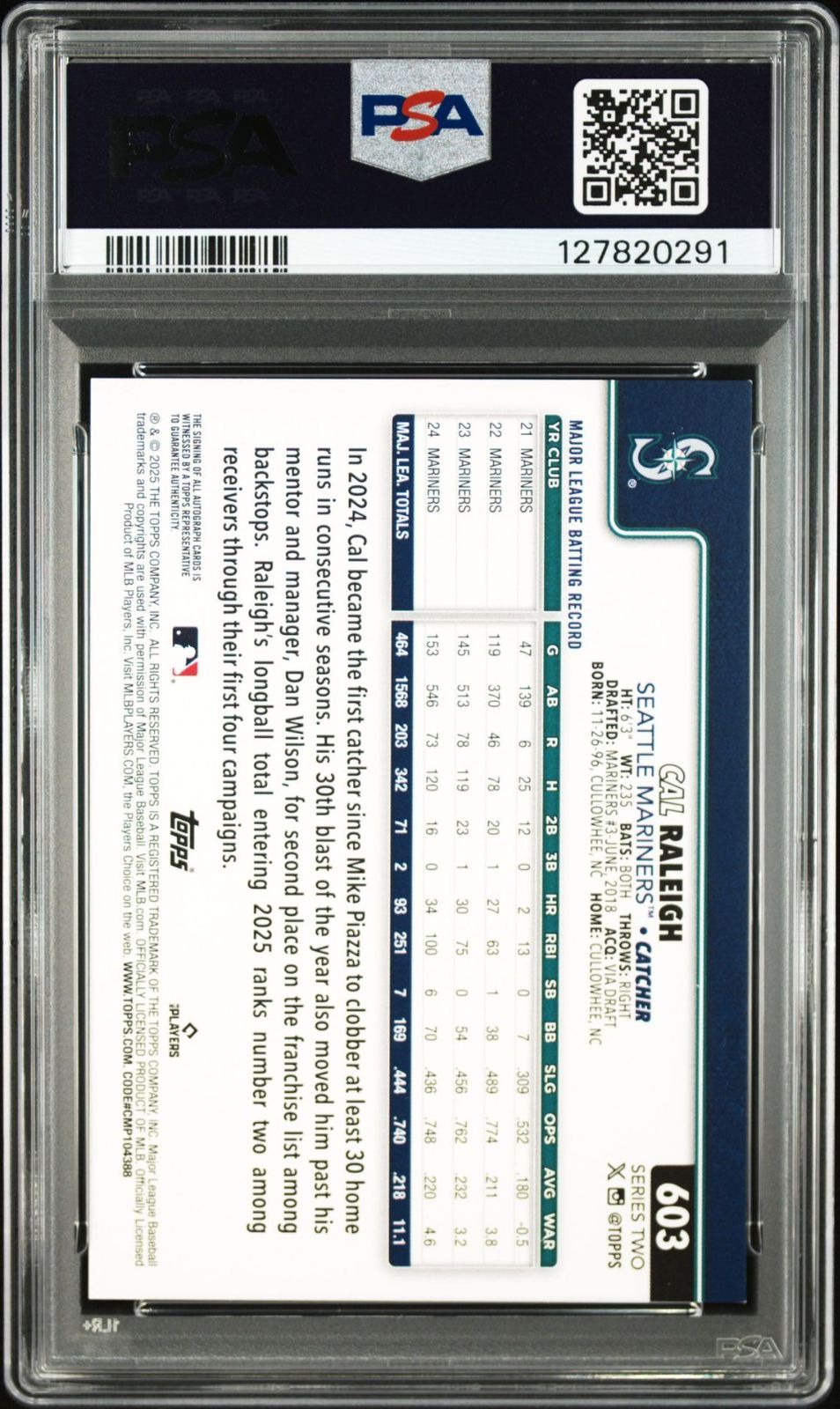 カル ローリー 直筆サイン入り2025 TOPPS SERIES 2- CAL RALEIGH 603 シアトルマリナーズ