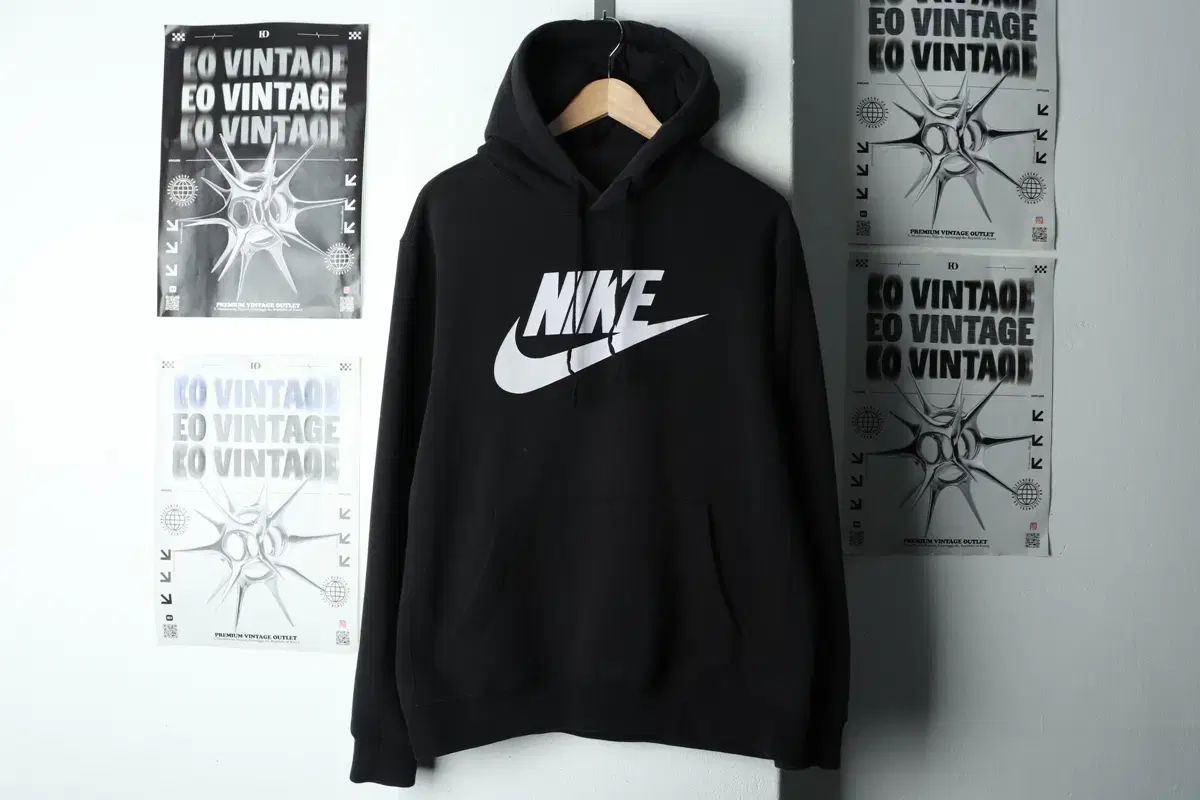 M-L) NIKE フード付きTシャツ ビックロゴ 起毛 ブラック-16770 メンズ
