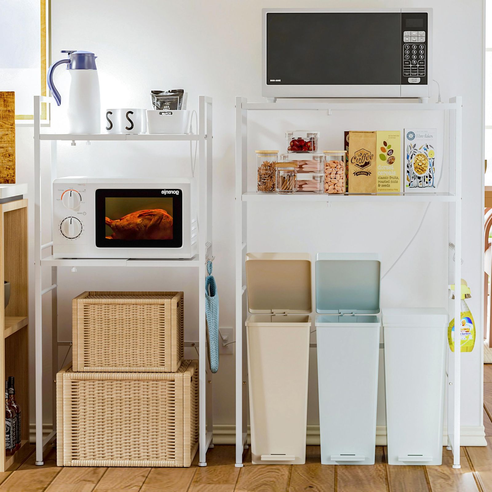 ホワイト 耐熱性機能 耐水性 耐摩擦性 錆び防止 荷重70 kg Sフック付き 可動式棚板多段調整 プリント台ラック ゴミ箱収納 オーペンラック レンジ台 キッチンラック コンセント付きキッチンベイカーラック 横幅伸縮できる 幅60.5から-80まで