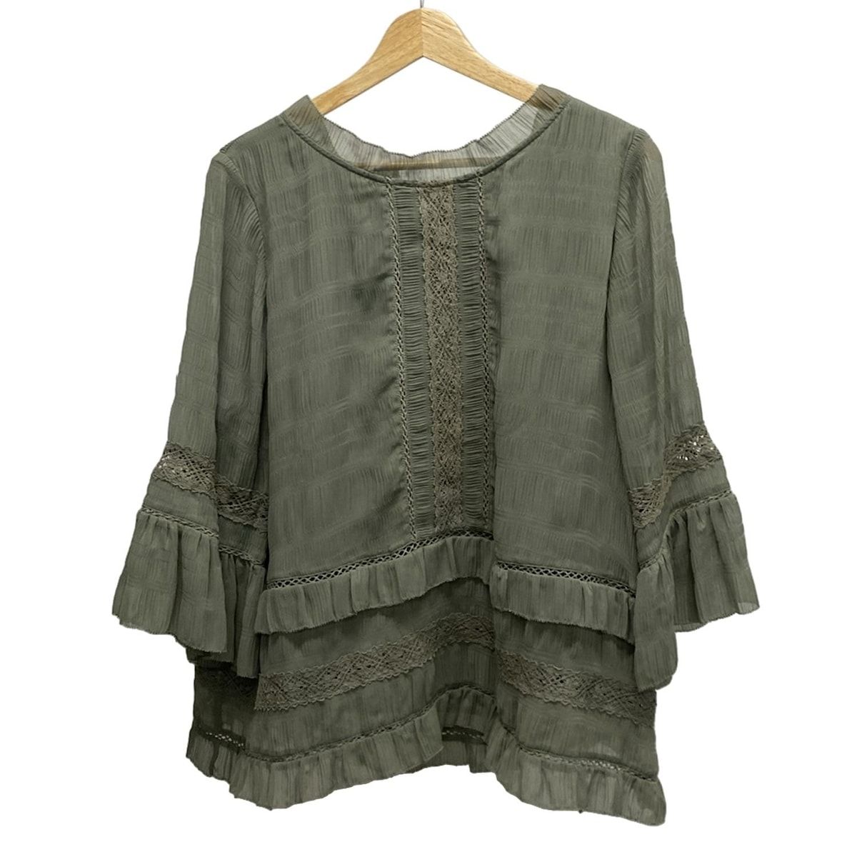 Rose Tiara ローズティアラ 七分袖カットソー サイズ46 XL レディース カーキ フリル