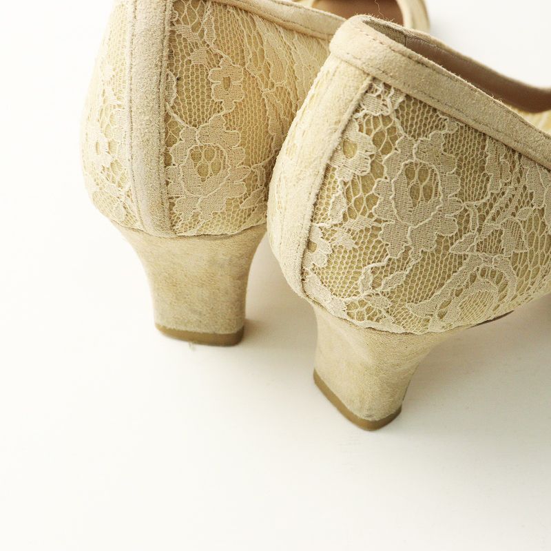 かねまつ　ベージュパンプス 銀座かねまつ GINZA Kanematsu 総レース スクエアトゥ ヒールパンプス