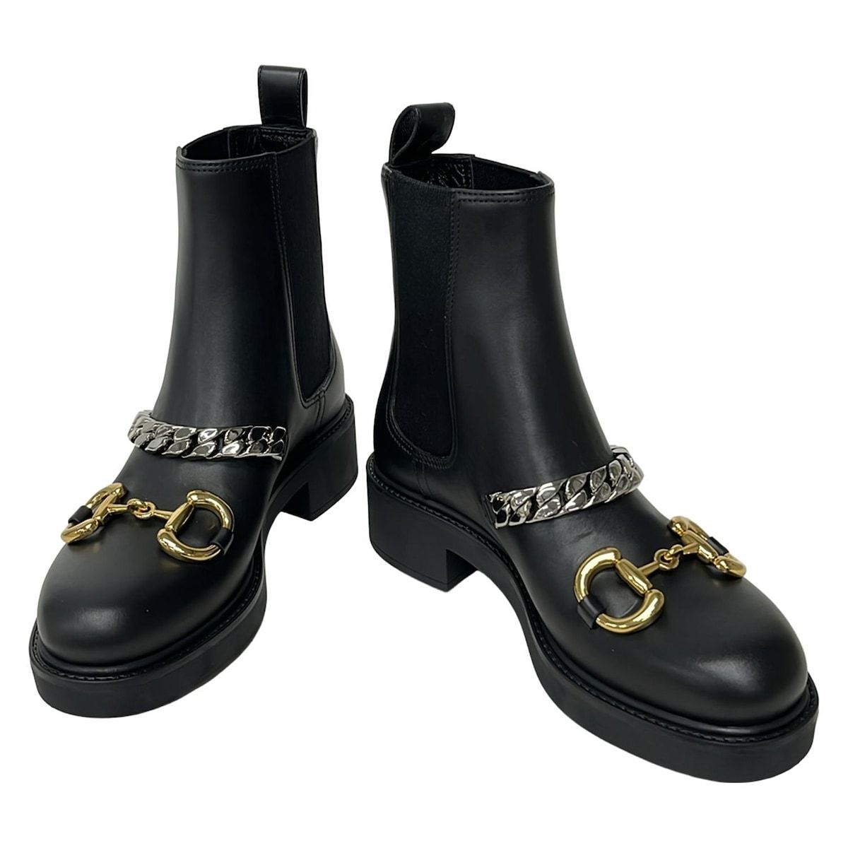 GUCCI グッチ ショートブーツ 34 1 2 レディース ホースビット 670393 黒 サイドゴア チェーン 34ハーフ レザー