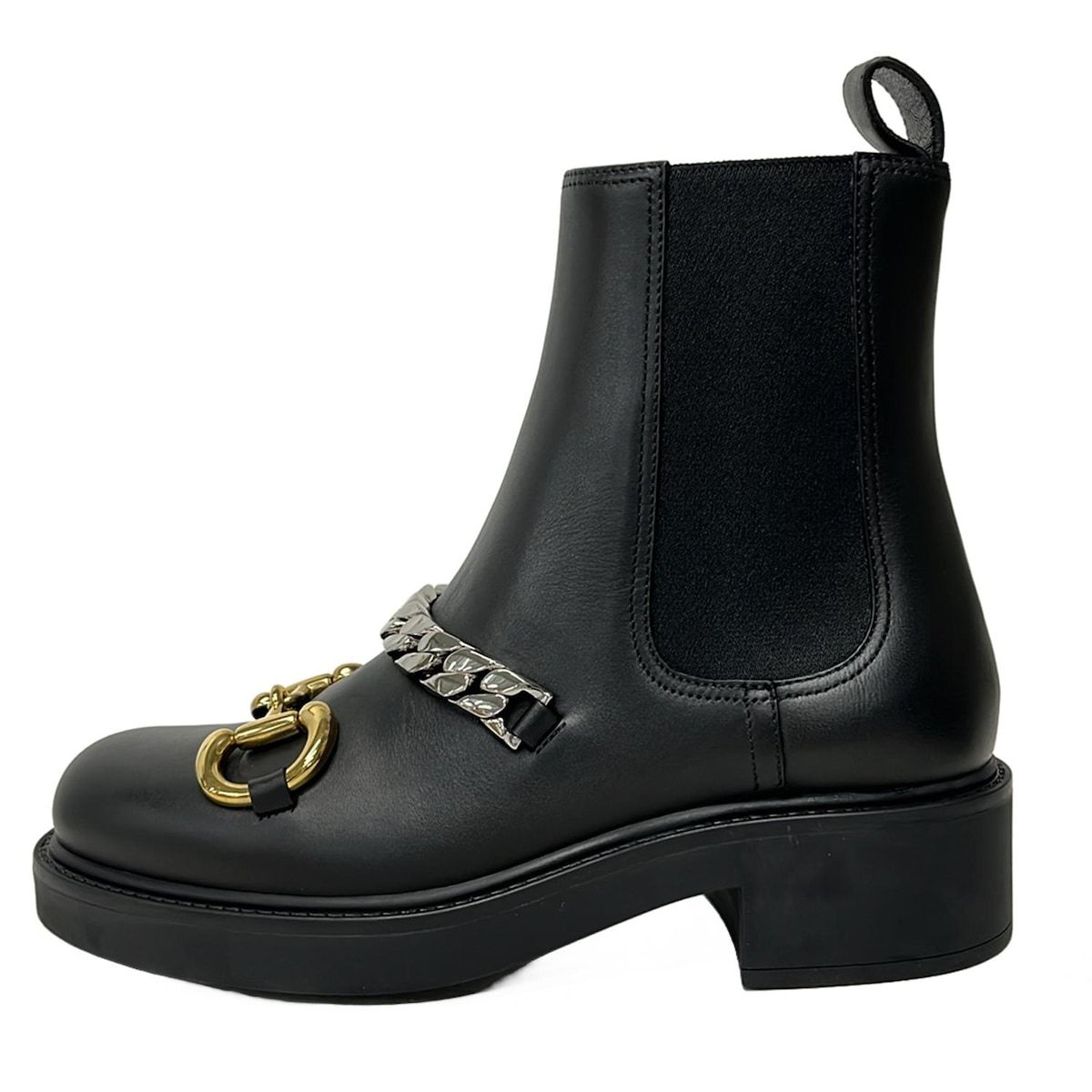 GUCCI グッチ ショートブーツ 34 1 2 レディース ホースビット 670393 黒 サイドゴア チェーン 34ハーフ レザー