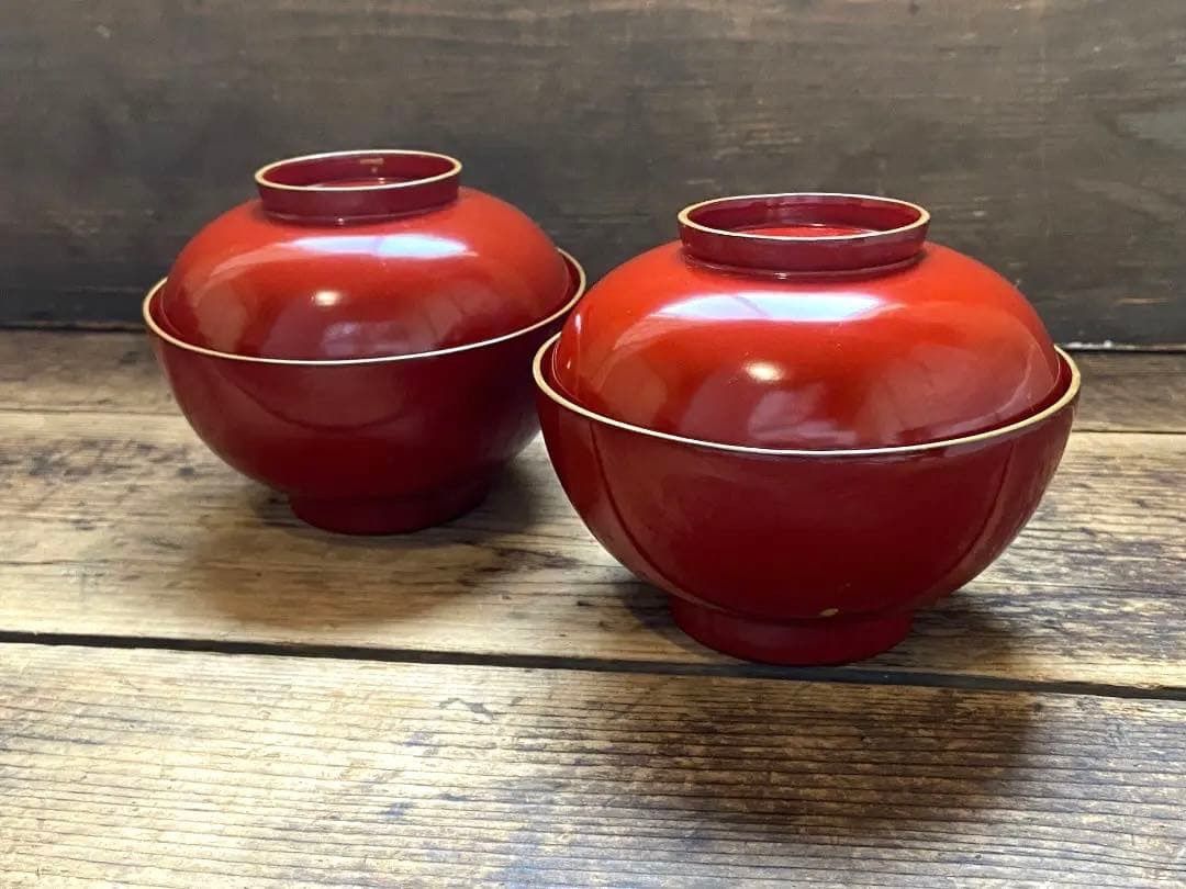 能登に伝わる古民藝 輪島塗 朱漆 平椀 5客 /時代 朱塗 漆器椀 向付 煮物椀 能登に伝わる古民藝 輪島塗 朱漆縁金 蓋付椀 2客 /時代 朱塗 漆器椀