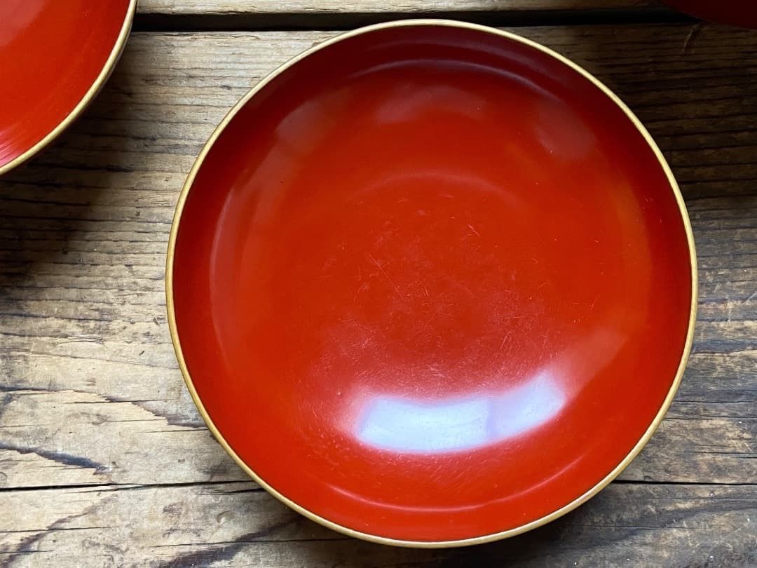 能登に伝わる古民藝 輪島塗 朱漆縁金 蓋付椀 2客 /時代 朱塗 漆器椀