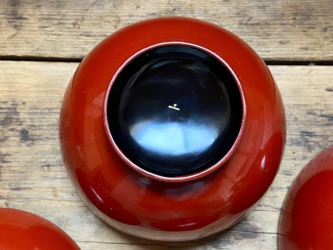 能登に伝わる古民藝 輪島塗 朱漆 蓋付椀 5客 / 時代 朱塗 漆器椀 飯椀