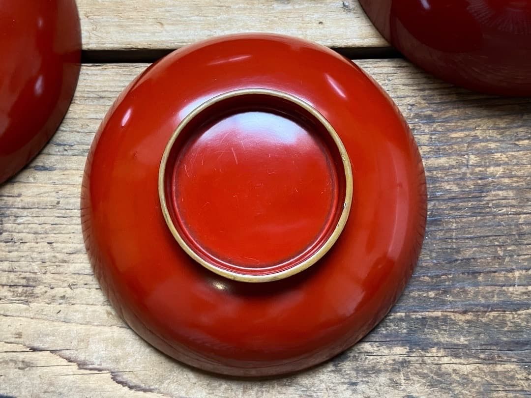 能登に伝わる古民藝 輪島塗 朱漆縁金 蓋付椀 2客 /時代 朱塗 漆器椀