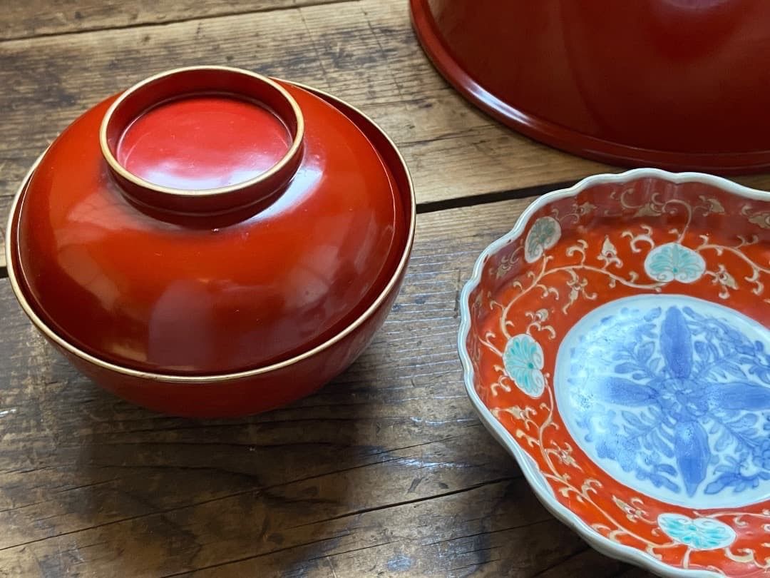 能登に伝わる古民藝 輪島塗 朱漆縁金 蓋付椀 2客 /時代 朱塗 漆器椀