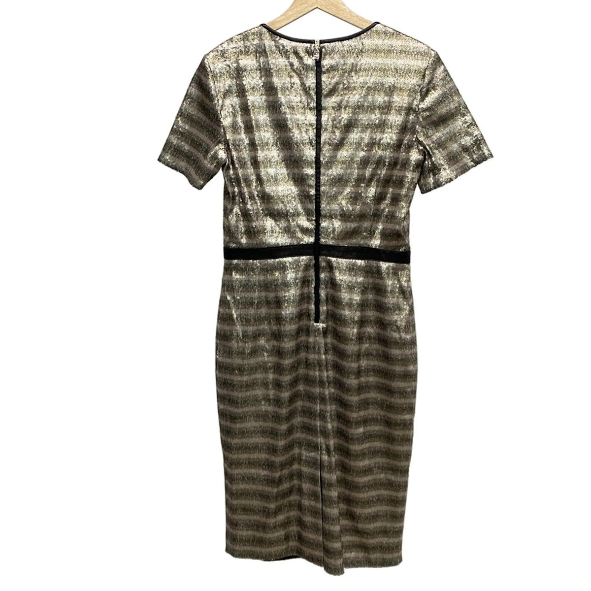 バーバリーロンドン ワンピース サイズUSA 8 レディース - カーキ×ゴールド×マルチ クルーネック 半袖 ひざ丈 スパンコール
