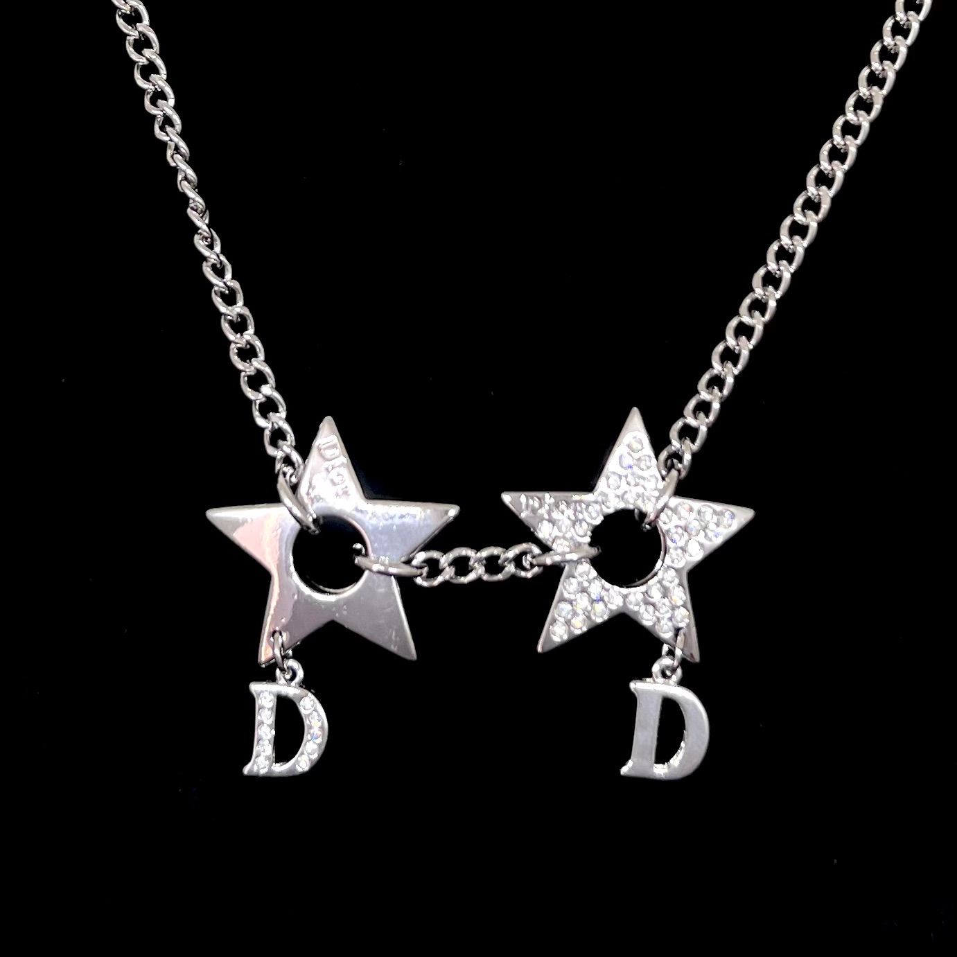 希少★美品★Christian Dior クリスチャン ディオール ネックレス 星 ロゴ スター 2連 シルバー 大ぶり チェーン
