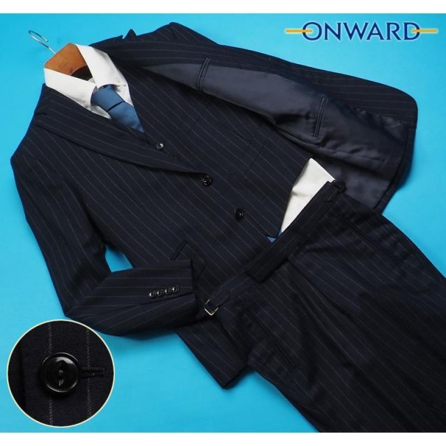 オンワード樫山 ウール フランネル ストライプ スリーピーススーツD 6 46 Y 4 紺 NW 6616