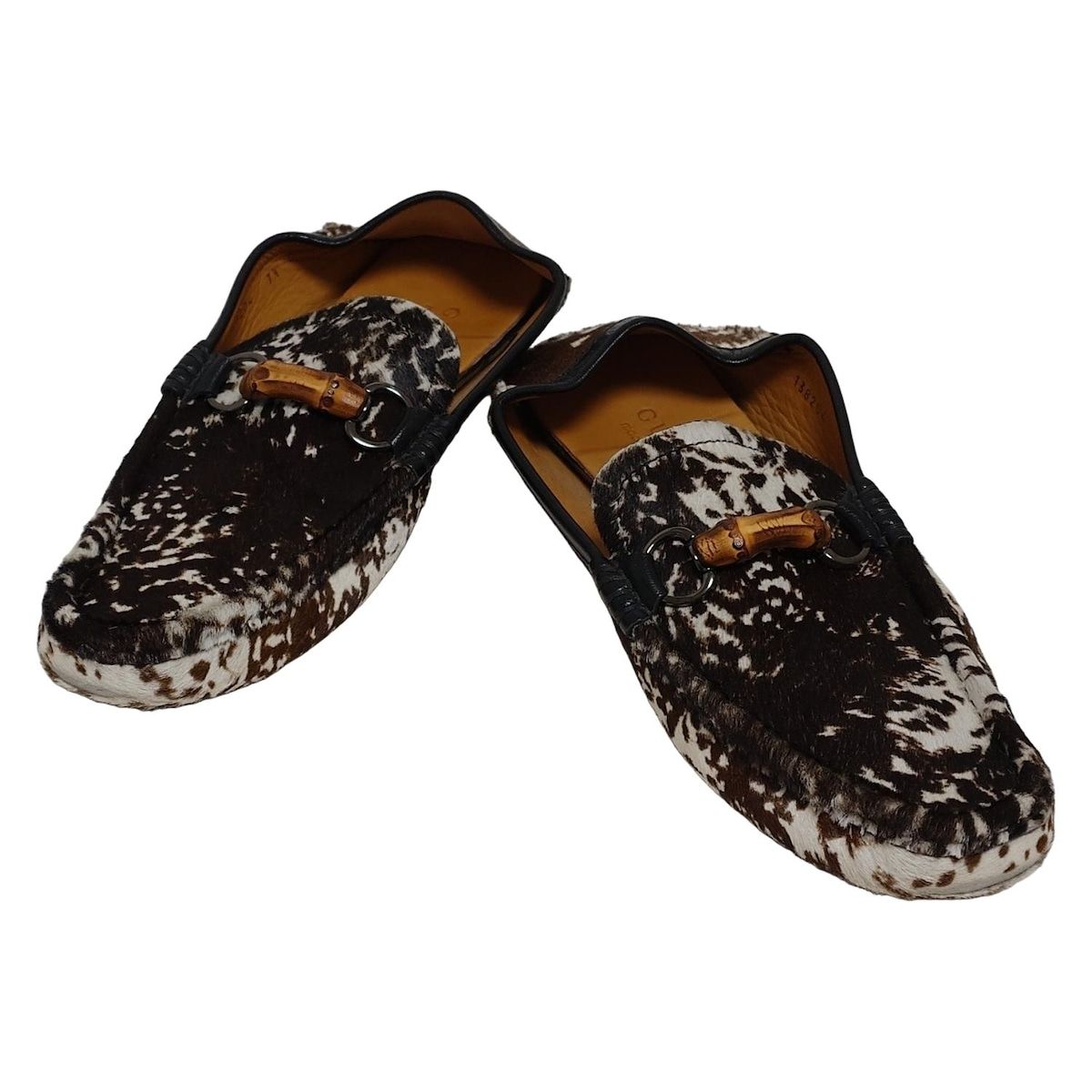GUCCI グッチ スリッポン 7 1 2 G メンズ - 138204 ダークブラウン×黒×白 バンブー ホースビット レザー