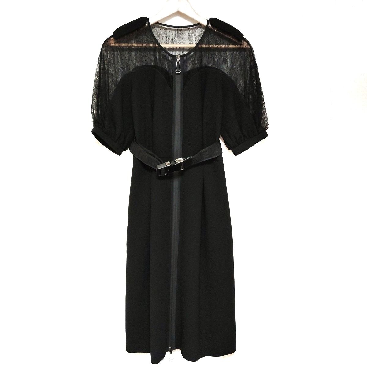FENDI フェンディ ワンピース サイズ36 S レディース 黒 クルーネック 半袖 ロング レース シースルー ジップアップ ベルト付き