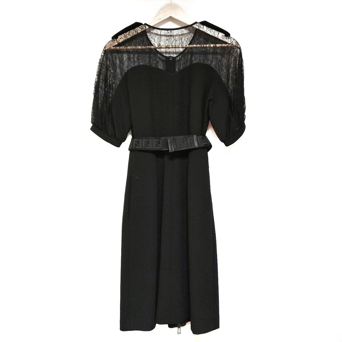 FENDI フェンディ ワンピース サイズ36 S レディース - 黒 クルーネック 半袖 ロング レース シースルー ジップアップ ベルト付き