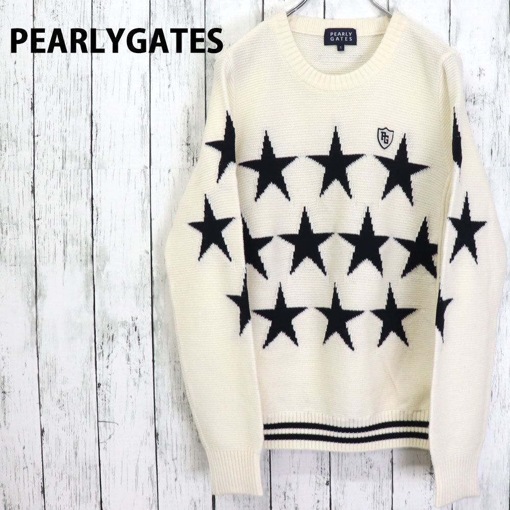 パーリーゲイツ ニットセーター 蓄熱 防風 星 スター ネイビー 総柄 サイズ：0 PEARLY GATES パーリーゲイツ ウール混 クルーネック ニット