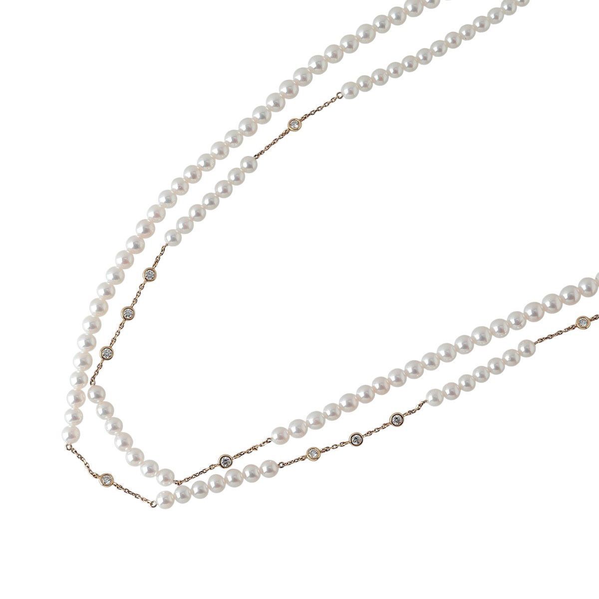 タサキ ダイヤ パール ネックレス ロング ステーション 0.47ct アコヤ