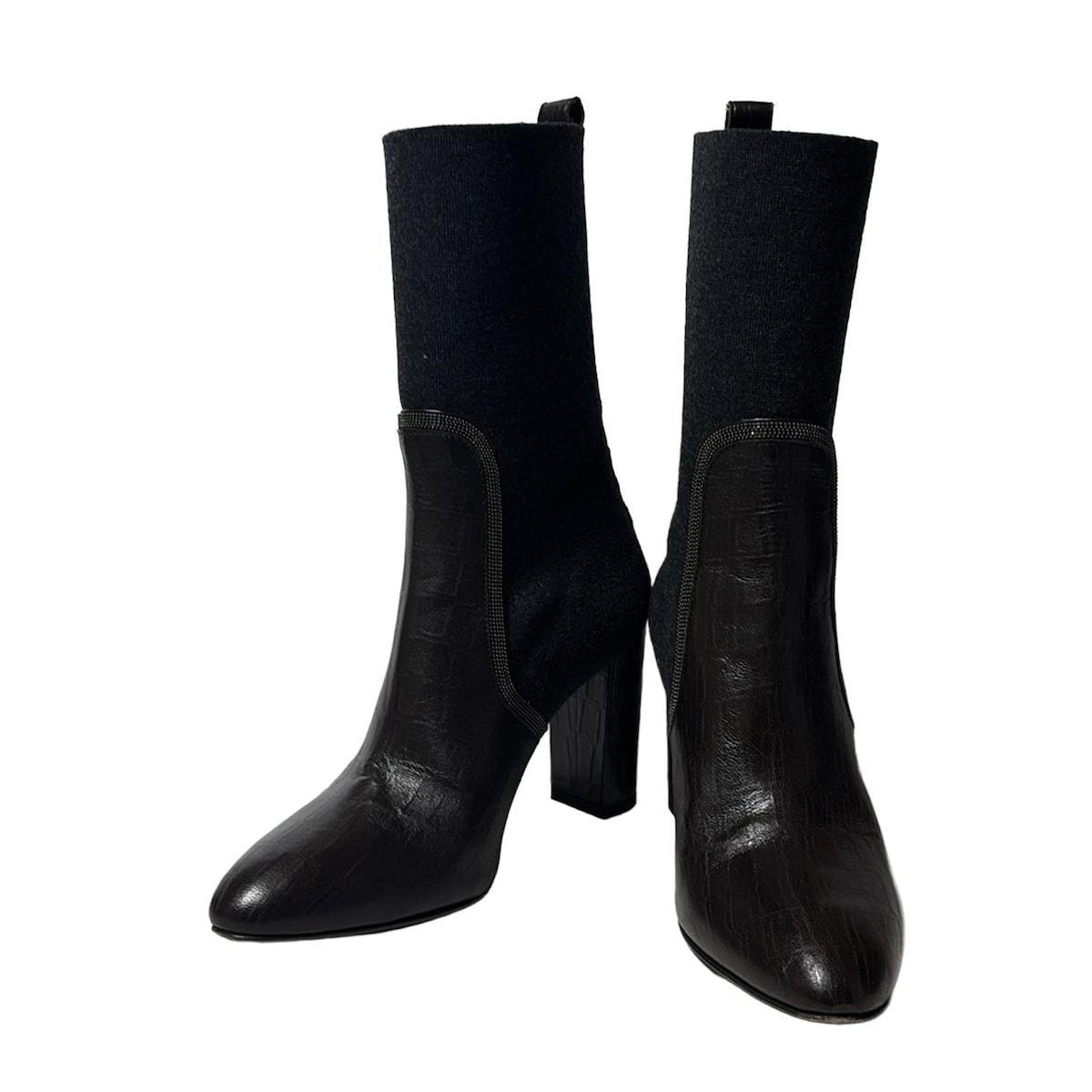 ブルネロクチネリ ブーツ 37 レディース - ダークグレー×ダークブラウン×シルバー 型押し加工 レザー