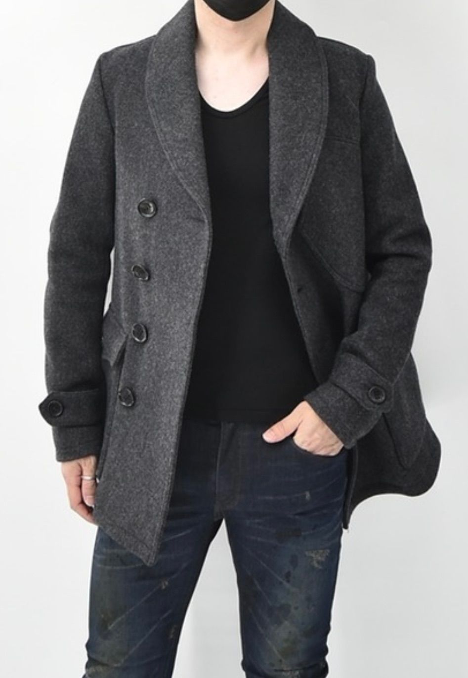 AKM エイケイエム ショール メルトンウールピーコート Pコート チャコールグレー