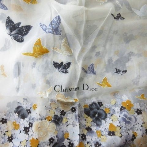 クリスチャンディオール Christian Dior スカーフ 花柄 蝶柄 シルク アイボリー