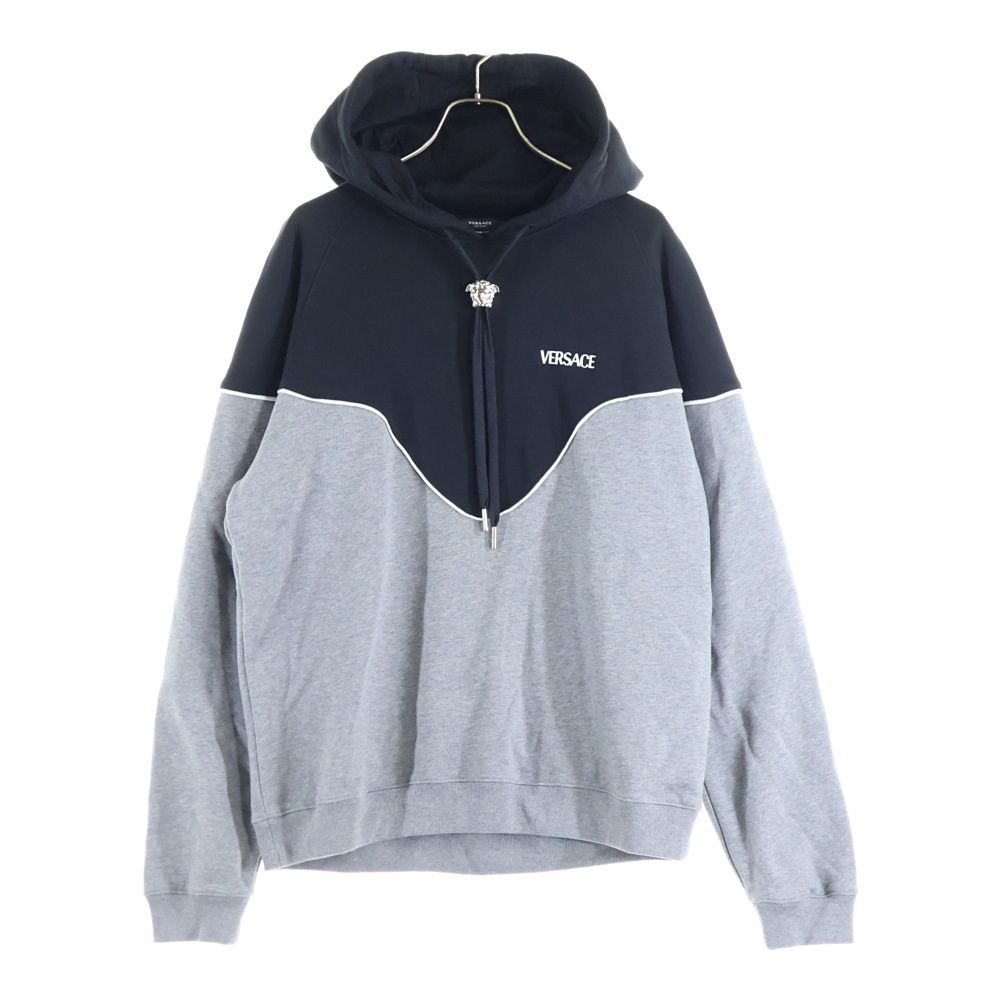VERSACE ヴェルサーチ ロゴ刺繍プルオーバースウェットパーカー フーディー ブラック グレー 1010227