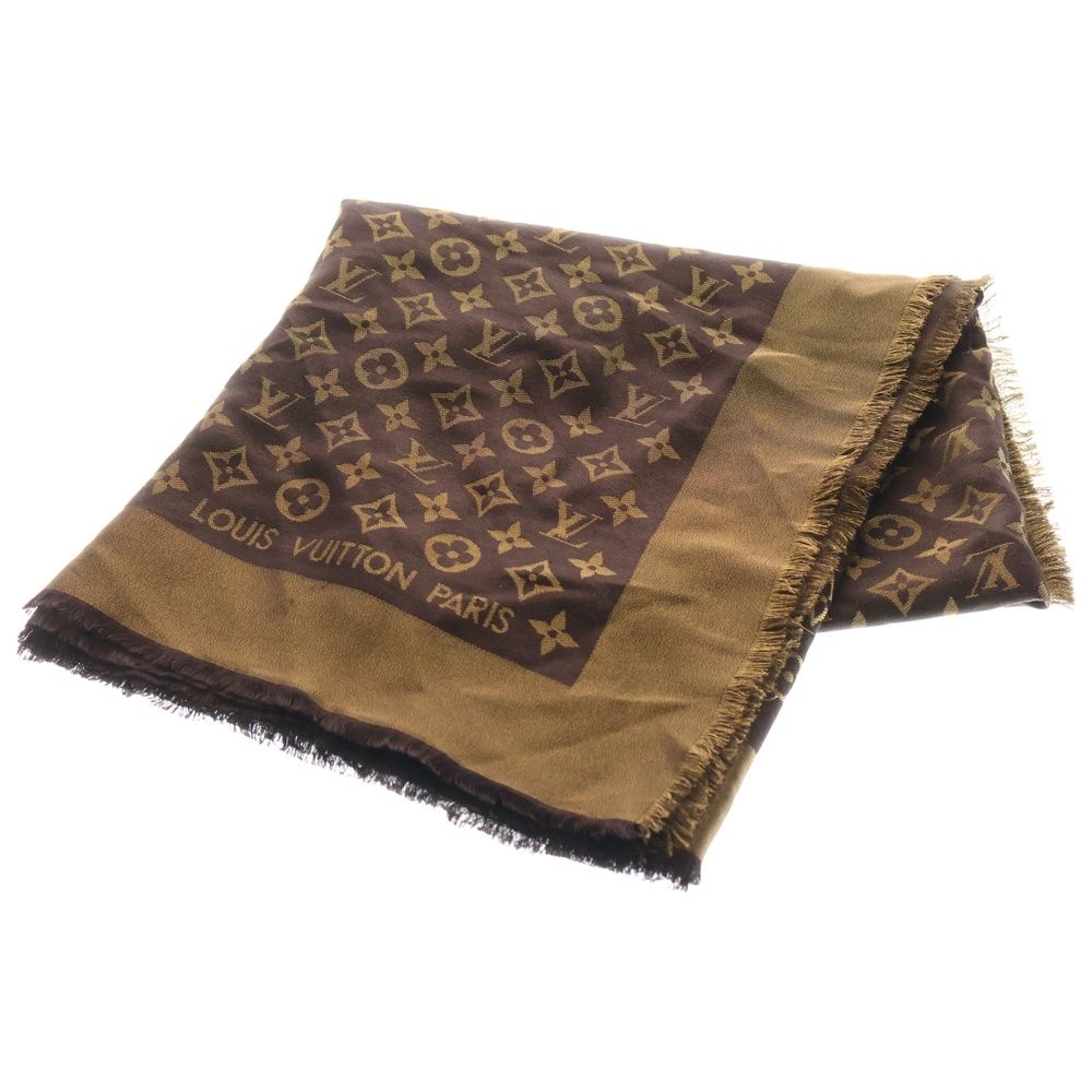 LOUIS VUITTON ルイヴィトン ショール モノグラムシャイン フリンジ付シルクスカーフ ストーン ブラウン ゴールド M 75122