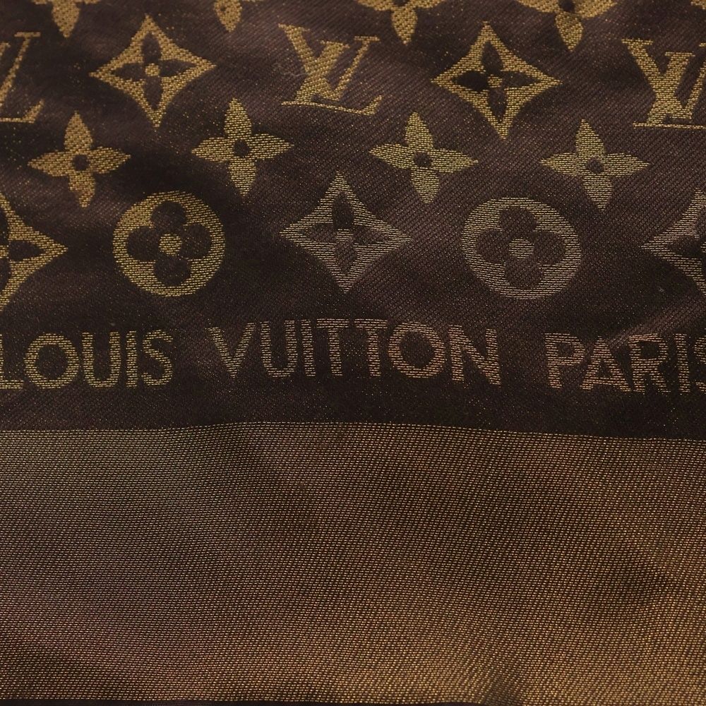 LOUIS VUITTON ルイヴィトン ショール モノグラムシャイン フリンジ付シルクスカーフ ストーン ブラウン ゴールド M 75122