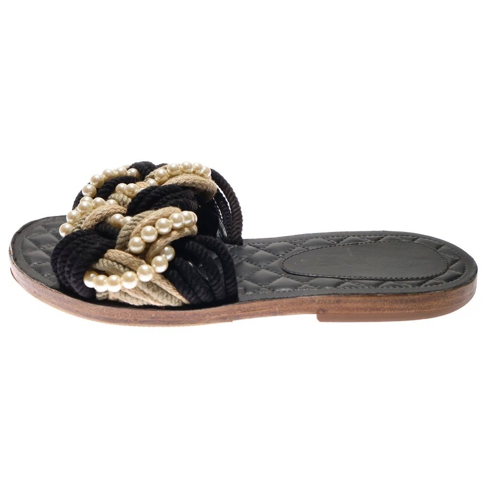 CHANEL シャネル ロープ フェイクパール マトラッセ フラットサンダル ブラック レディース