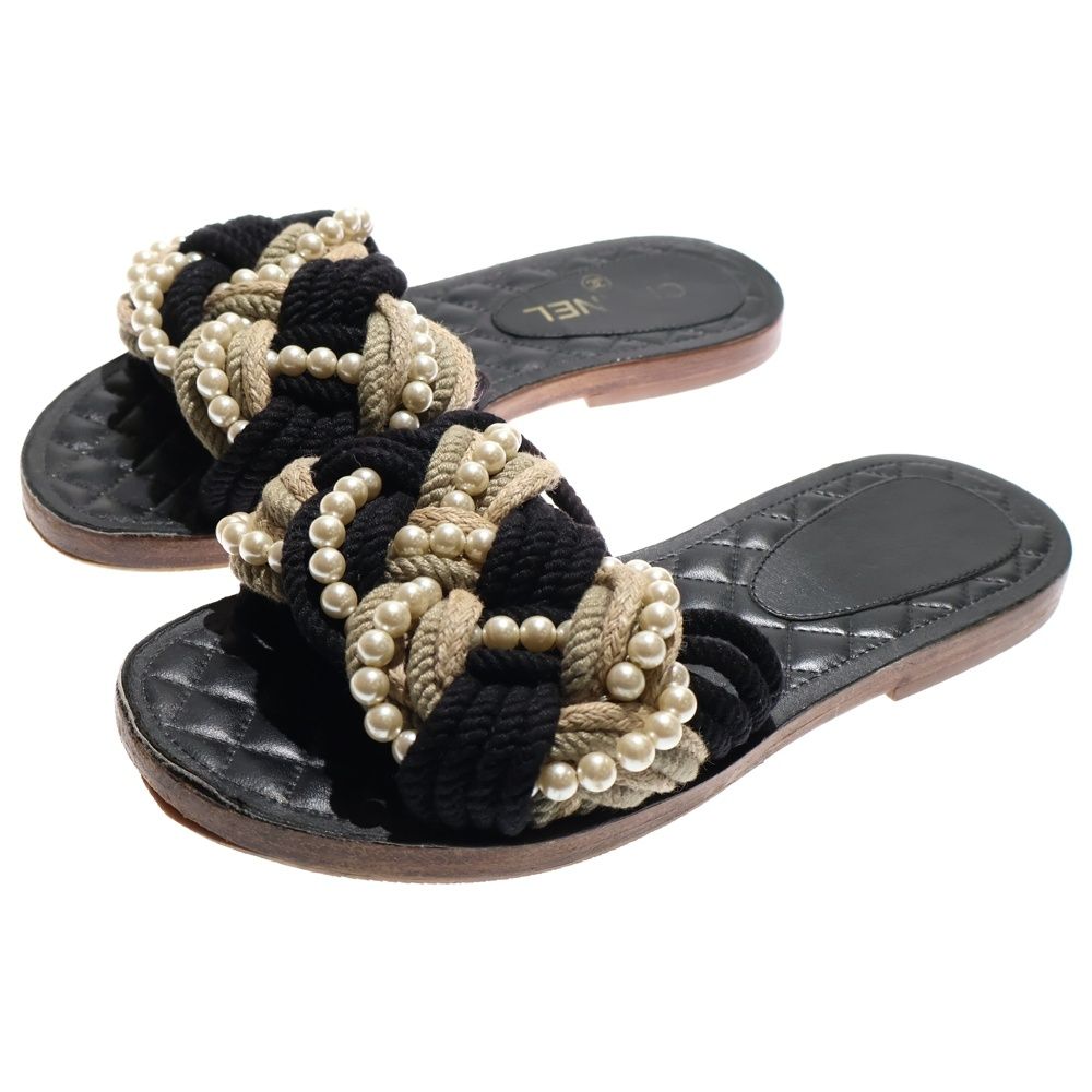 CHANEL シャネル ロープ フェイクパール マトラッセ フラットサンダル ブラック レディース
