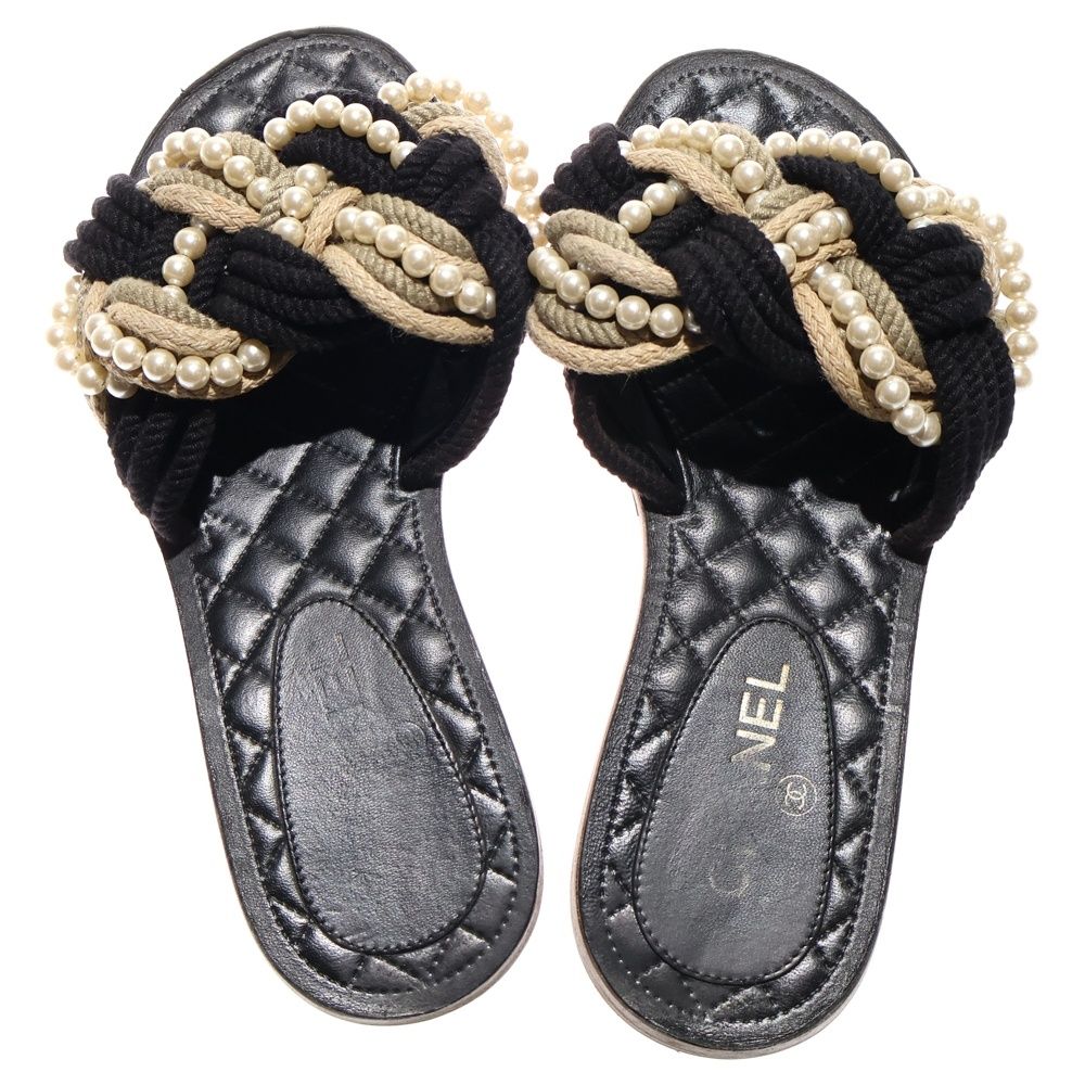  CHANEL シャネル ロープ フェイクパール マトラッセ フラットサンダル ブラック レディース サンダル ミュール 靴