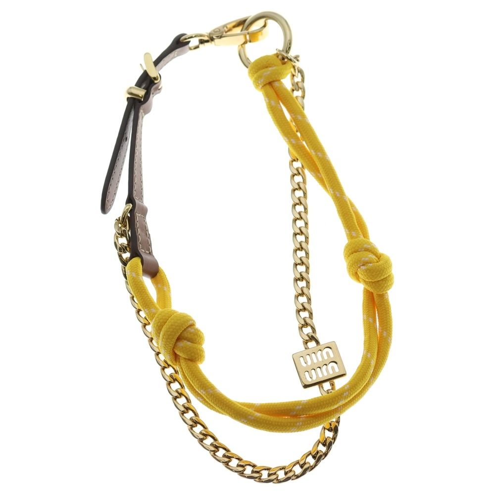 miumiu ミュウミュウ チェーンチャーム バッグチャーム メッキ×レザー ブラウン×tイエロー ゴールド金具