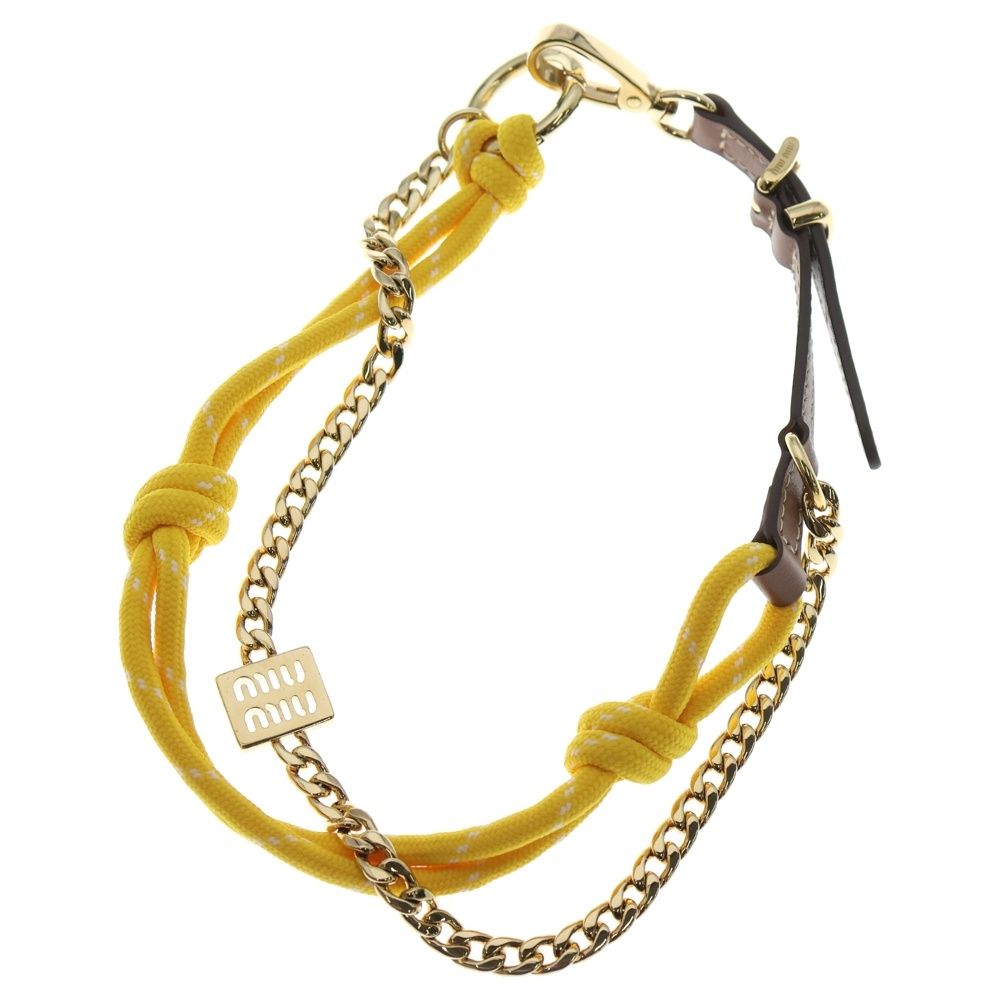 miumiu ミュウミュウ チェーンチャーム バッグチャーム メッキ レザー ブラウン tイエロー ゴールド金具