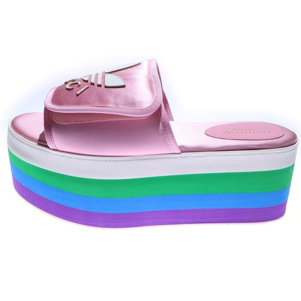 GUCCI グッチ adidas アディダス トレフォイルロゴ レザーワッペン シルクサテン マルチ プラットフォーム 厚底 サンダル シューズ ピンク レディース 702294