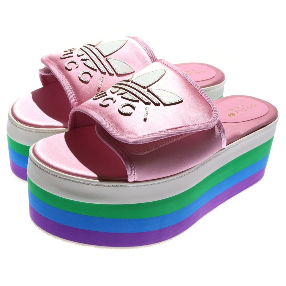 GUCCI グッチ ×adidas アディダス トレフォイルロゴ レザーワッペン シルクサテン マルチ プラットフォーム 厚底 サンダル シューズ ピンク レディース 702294