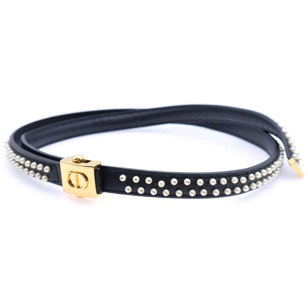 Christian Dior クリスチャンディオール フェイクパール CDロゴバックルベルト ブラック レディース