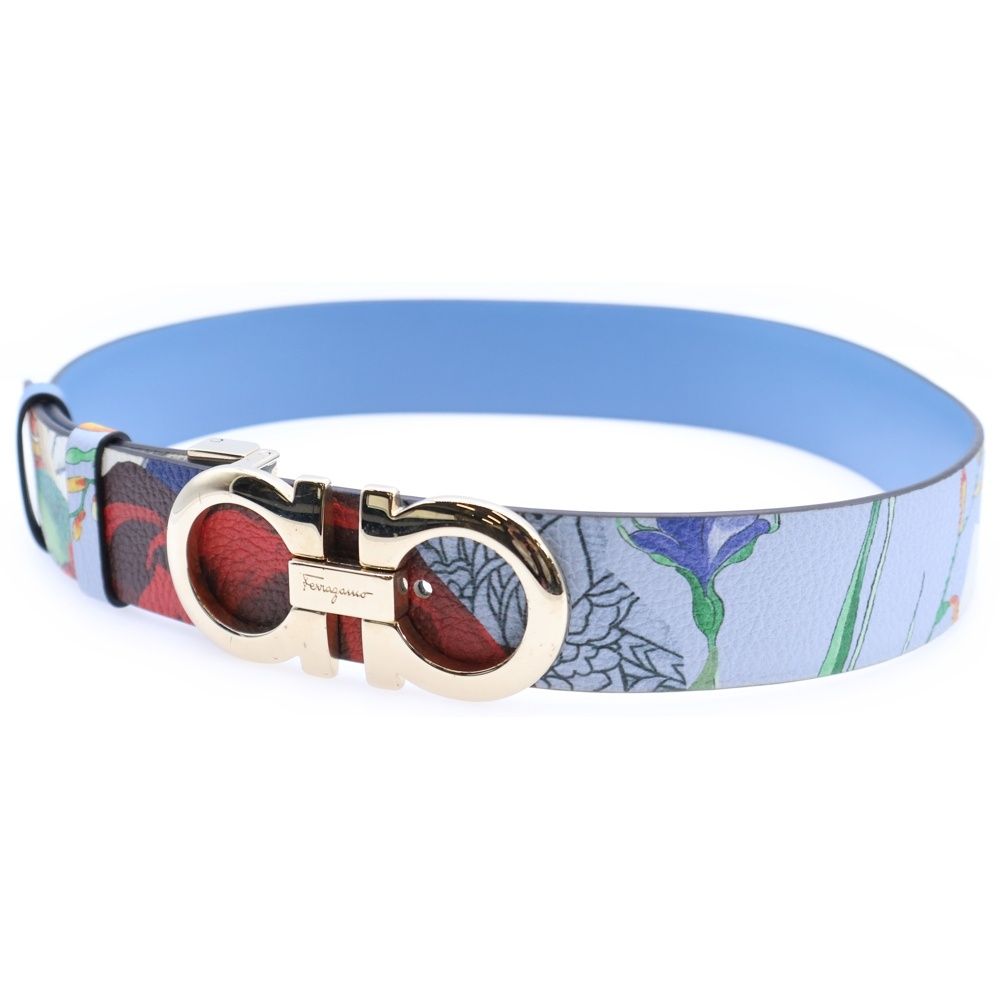 Salvatore Ferragamo サルヴァトーレ フェラガモ 絵画プリント ガンチーニバックル レザーベルト ブルー レディース