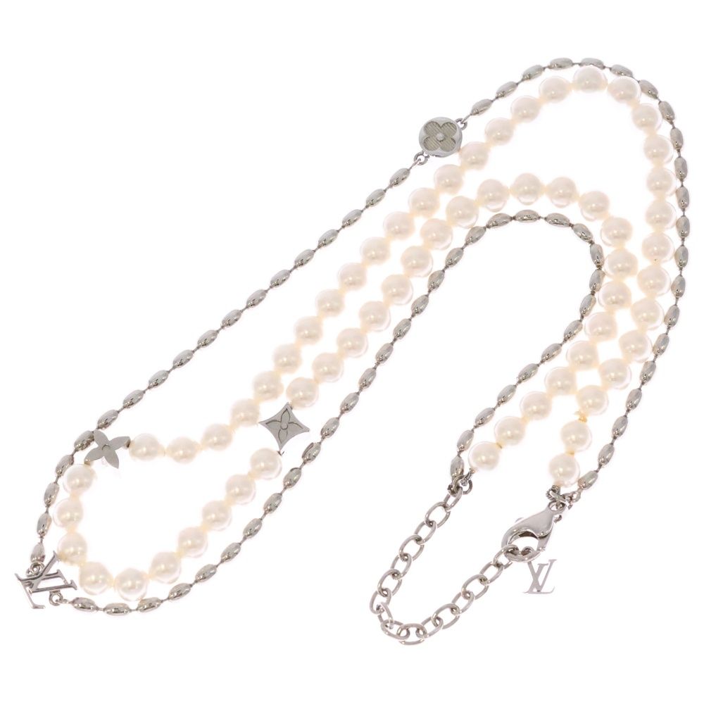 LOUIS VUITTON ルイヴィトン LV モノグラム パール フュージョン ネックレス ペンダント チェーン シルバー×ホワイト M 01781