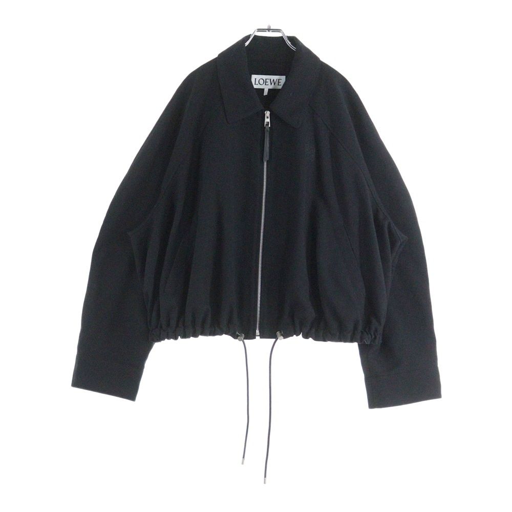LOEWE ロエベ 25 AW Balloon jacket バルーン アナグラムロゴ刺繍 ウール レザー ドローストリング ジップアップ ジャケット ブラック