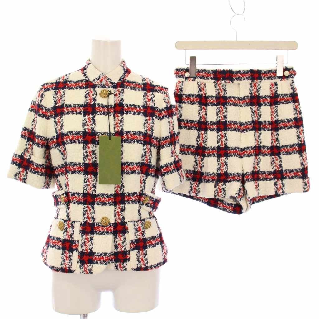 グッチ GUCCI ツイードセットアップ ノー ジャケット ショートパンツ 38 白 赤 紺 657056 657877 KH