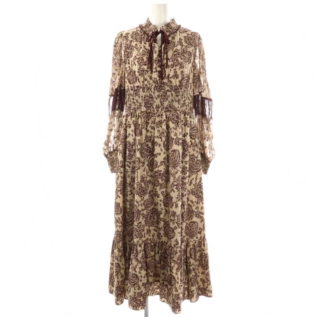 ハーリップトゥ Her lip to Winter Floral Long-sleeve Dress ドレス ワンピース ロング 総柄 M ベージュ ボルドー HK OS