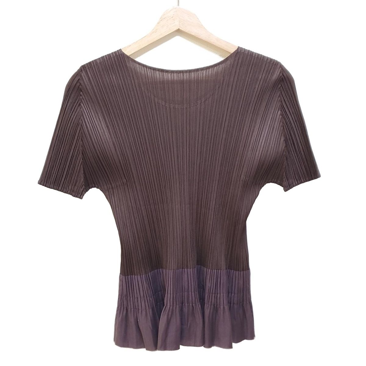 PLEATS PLEASE プリーツプリーズ 半袖カットソー サイズ3 L レディース - ダークブラウン プリーツ 異素材切替 ブランドタグ取れかけ